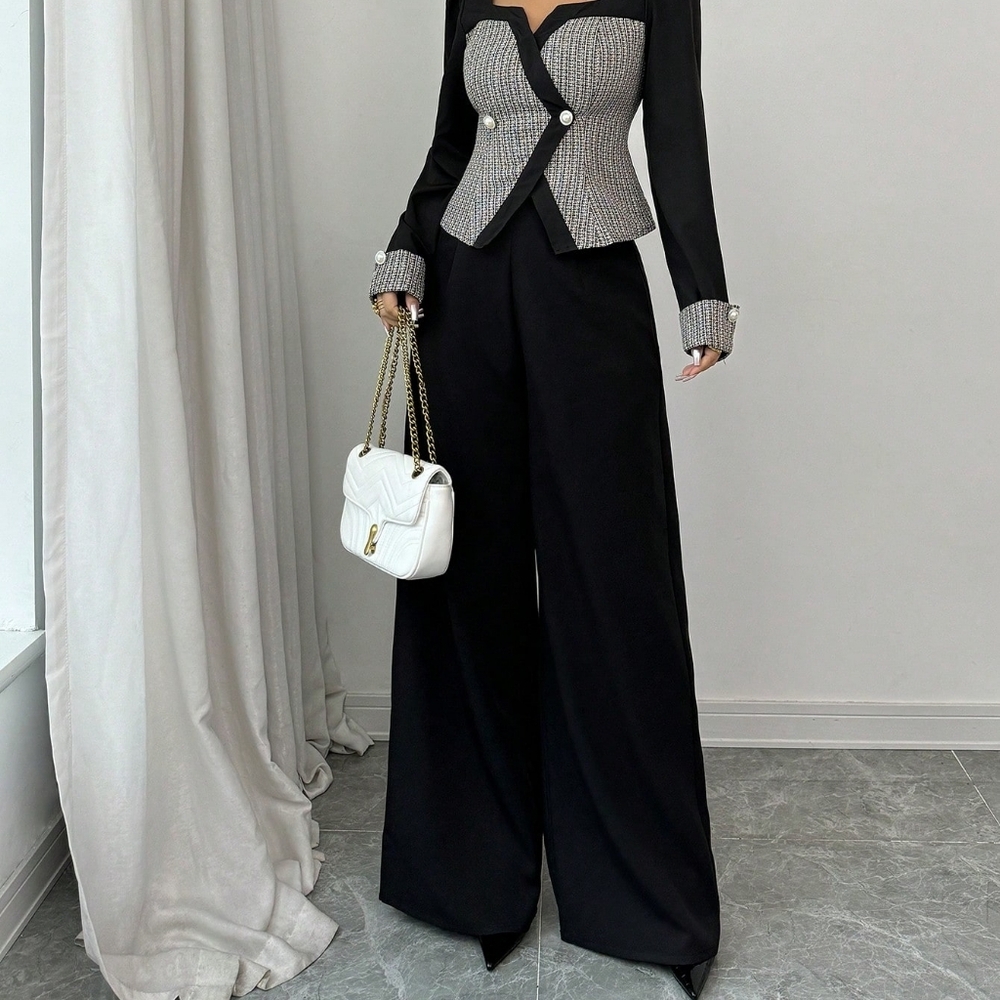 2pcs Women Elegant Color Block Cardigan & Wide Leg Pants Suit, Autumn - Picture 2 of 7